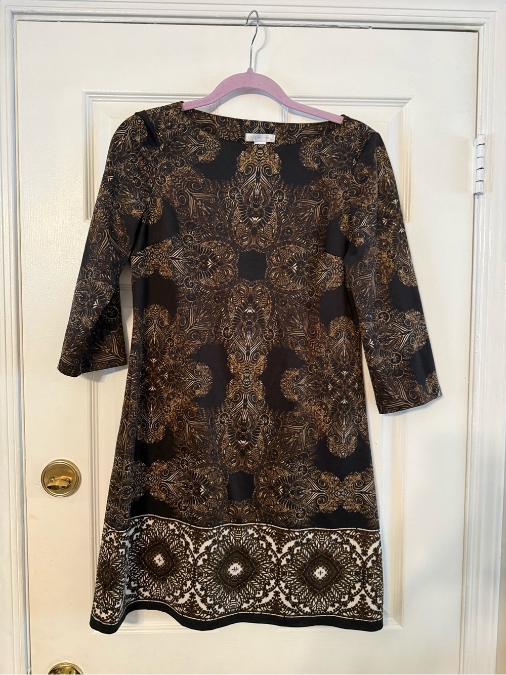 London Times Black and White Paisley Border Long Sleeve Dress